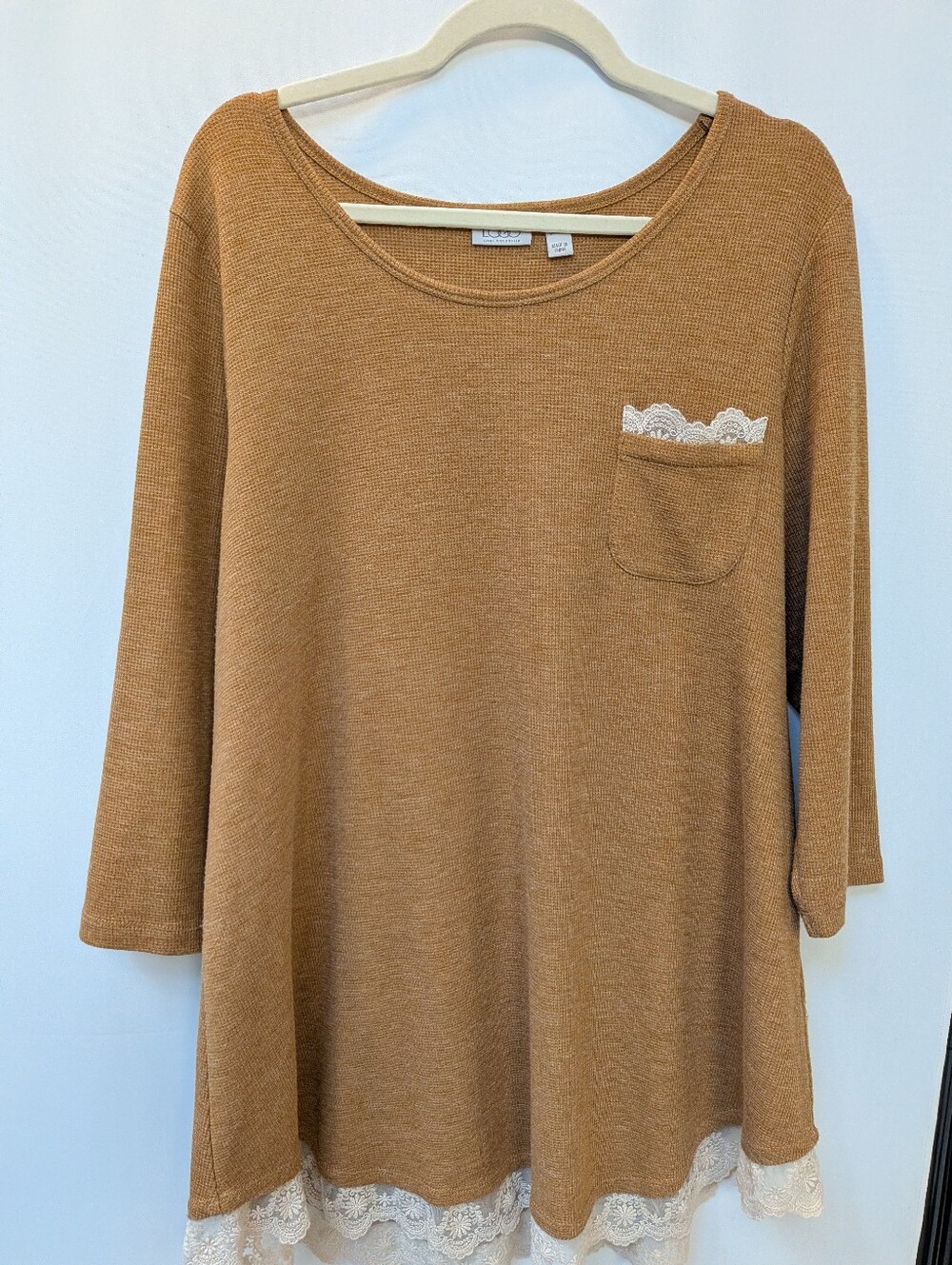 LOGO Lori Goldstein QVC Tan Waffle Knit Lace Trim Long Sleeve Tunic Size XL